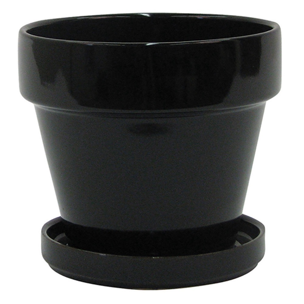 Glazed Black Ceramic Pot with Attached Saucer